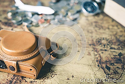 Leather camera case and traveler equipment Stock Photo