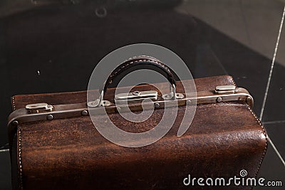 Leather carpetbag as museum exhibit Editorial Stock Photo