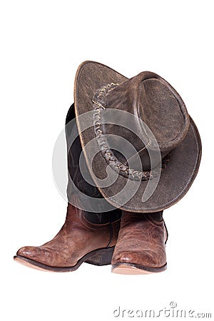 Leather cowboy boots and hat Stock Photo