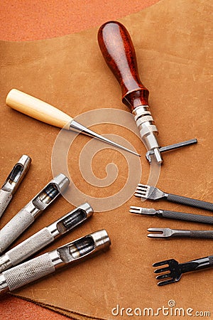 Leather craft equipment Stock Photo