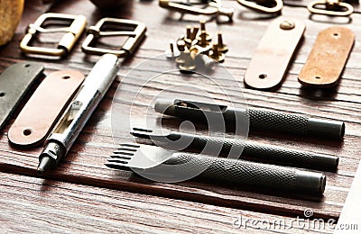 Leather crafting tools Stock Photo