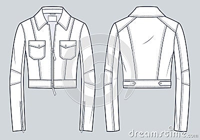 Leather Crop Jacket technical fashion illusrtation. Biker Jacket fashion flat technical drawing template Vector Illustration