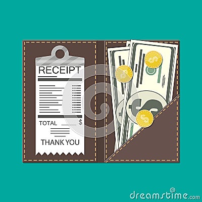 Leather folder with cash, coins and cashier check. Vector Illustration