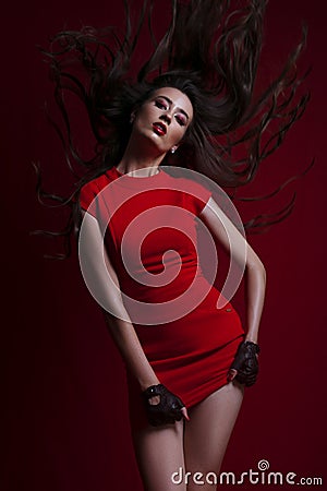 Red Passion Editorial Studio Fashion Photography Long Hair Stock Photo