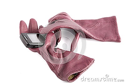 Leather gloves compress cellular telephone Stock Photo