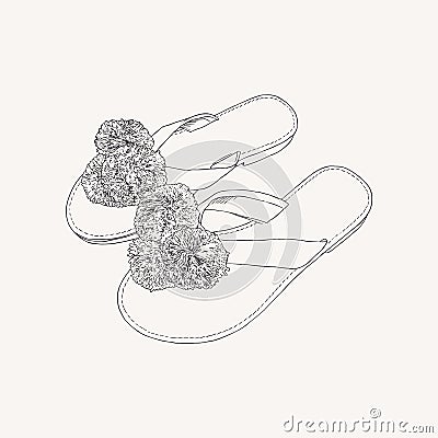 leather greek sandals with pom pom - summer accessories hand draw sketch vector. Vector Illustration