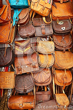 Leather hand bags exposed in Granada Stock Photo