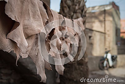 Leather hanging to dry on a line in a Marrakech tannery Stock Photo
