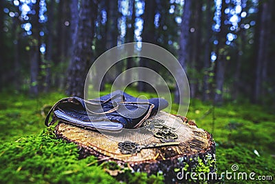 Leather Journal Diary With Vintage Keys In Woods Stock Photo