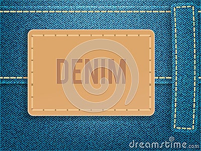 Leather label on blue denim fabric. Vector illustration template. Vector Illustration