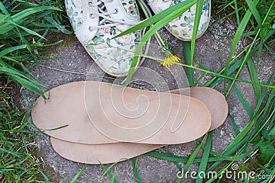 Leather orthopedic insoles with running shoes on the grass. Heal Stock Photo