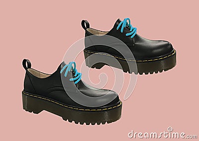 Leather platform shoes. Loafers with lacing Stock Photo