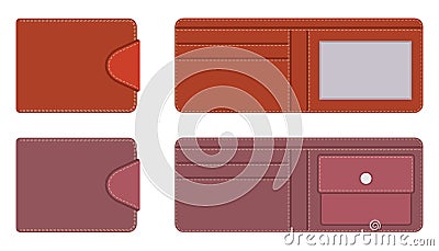 Leather purse in open and closed form with pockets for documents and credit cards, with contrasting lines along the contour on the Cartoon Illustration