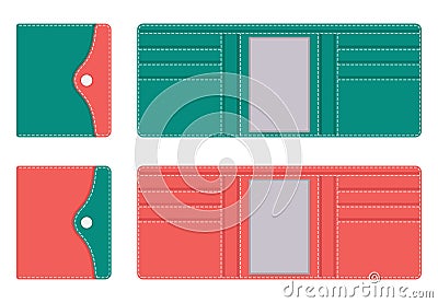 Leather purse in open and closed form with pockets for documents and credit cards, with contrasting lines along the contour on the Cartoon Illustration