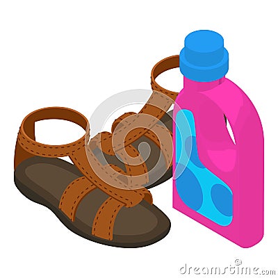 Leather sandal icon isometric vector. Brown leather sandal and washing agent Vector Illustration