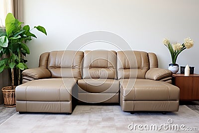 Leather sectional reclining sofa in family room in earthy green and brown tones Stock Photo