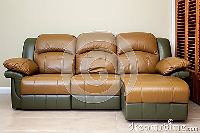 Leather sectional reclining sofa in family room in earthy green and brown tones Stock Photo