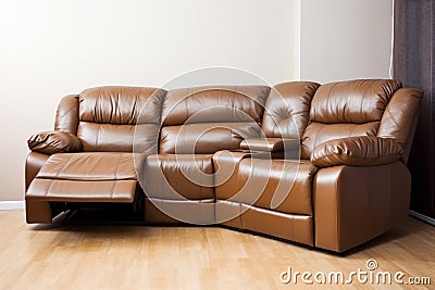 Leather sectional reclining sofa in family room in earthy green and brown tones Stock Photo