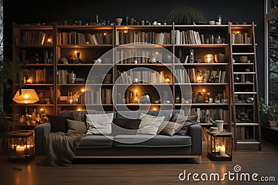 Leather sofa with cushions standing on living room with stylish interior design and collections books on bookshelves in library. Stock Photo