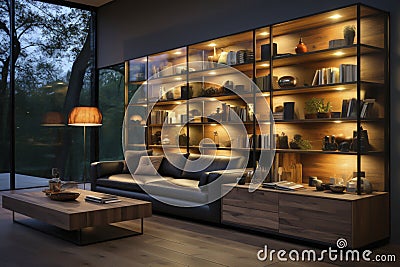 Leather sofa with cushions standing on living room with stylish interior design and collections books on bookshelves in library. Stock Photo