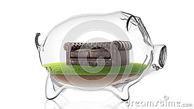 Leather sofa inside transparent piggy bank. 3d rendering Stock Photo