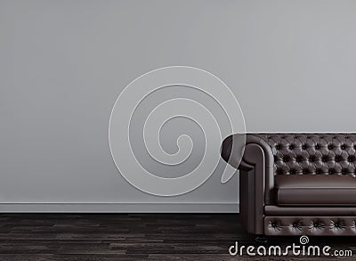 Leather sofa in white room with wood floor. 3d Stock Photo