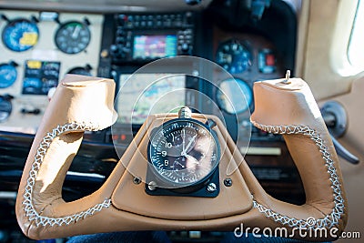 Leather steering throttle wheel aircraft Stock Photo