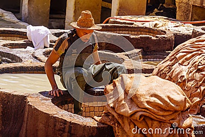 Leather tannery, with workers, Fes Editorial Stock Photo