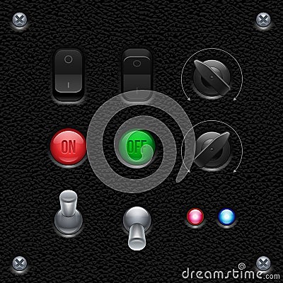 Leather UI Application Software Controls Set. Switcher, Button, Knobs, Lamps. Web Design Elements. Vector Illustration