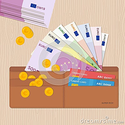 Leather wallet full of euro bank notes coins and credit cards. Flat design. Vector Illustration