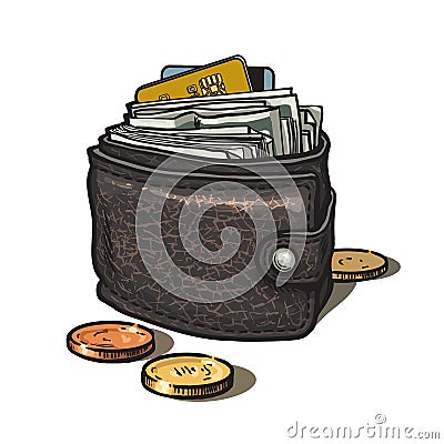 Leather wallet with money, credit card and coins. Vector illustration hand drawn in cartoon style. Vector Illustration