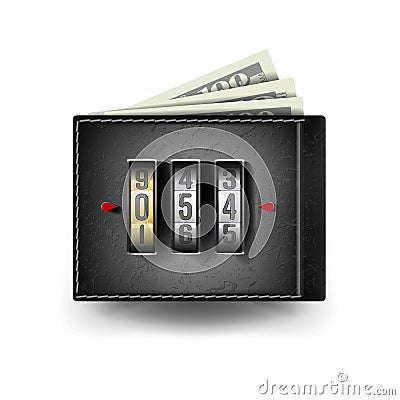 Realistic Classic Wallet Vector. Locked With Padlock. Money. Top View. Finance Secure Concept. Isolated On White Vector Illustration
