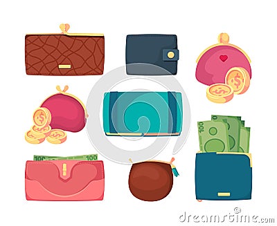 Leather wallets. Business treasures dollars golden coins in sack and wallets for men and women garish vector Vector Illustration