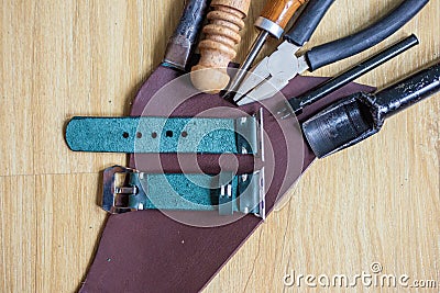 Leather watch strap handmade craftsmanship working Stock Photo