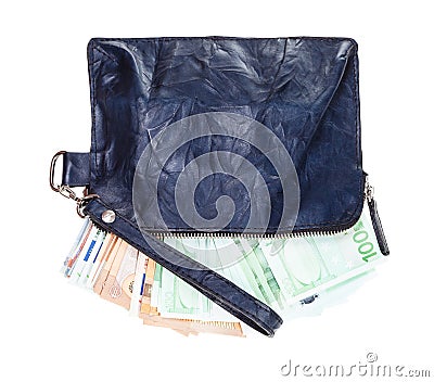 Leather wristlet pouch with many euros isolated Stock Photo