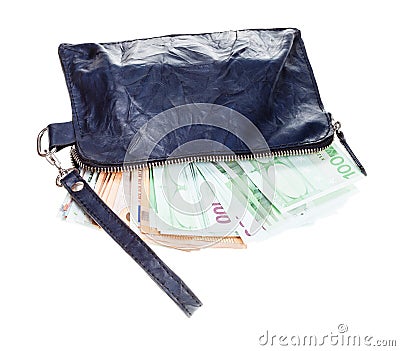 Leather wristlet purse with many euros isolated Stock Photo