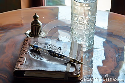 a leatherbound journal, fancy pen, and a tall glass of water on the table Stock Photo