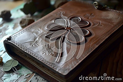 leatherbound journal with a fourleaf clover embossed on it Stock Photo