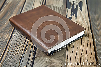 leatherbound notepad on varnished oak plank Stock Photo