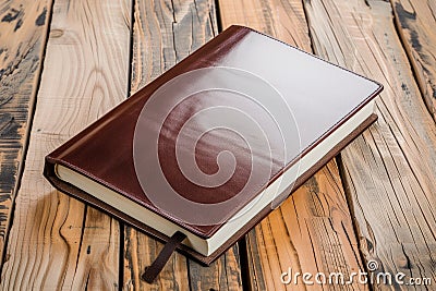 leatherbound notepad on varnished oak plank Stock Photo