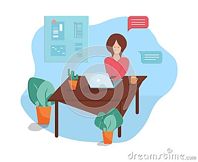 Leave to work at home or office. Woman working on laptop Vector Illustration