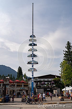 Landmark Maypole in the town square of Leavenworth, WA, a Bavarian themed village outside Editorial Stock Photo
