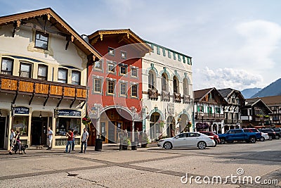 Leavenworth, Washington - July 4, 2019: Shops and restaurants in downtown Leavenworth Washington, a Bavarian German town outside Editorial Stock Photo