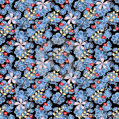 Leaves Berries and Flowers Abstract Raster Seamless Background. Stock Photo