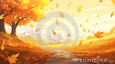 leaves in a blowing wind, autumn manga wallpaper, ai generated image Stock Photo