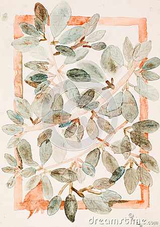 Leaves on branches, watercolor painting Stock Photo