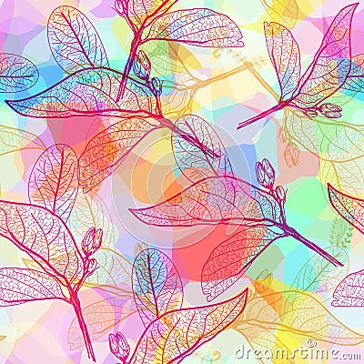 Leaves contours, Rainbow bright magenta pink orange turquoise lilac purple modern trendy floral seamless pattern, hand-drawn. Geom Vector Illustration