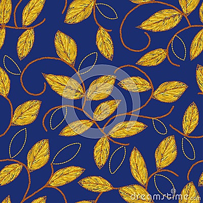 Leaves embroidery color illustration, floral seamless pattern Vector Illustration