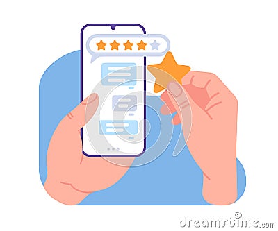 Leaves five star feedback. Customer phone service evaluation. Smartphone in hands. Positive users experience. Mobile Vector Illustration