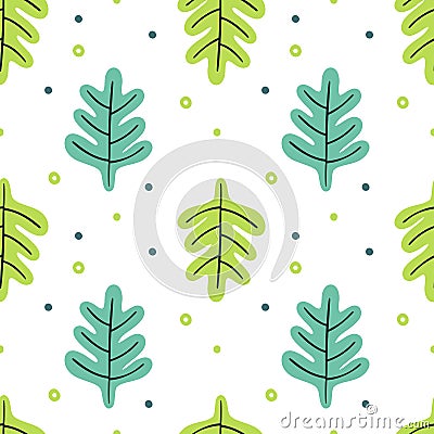 Leaves flat set. Seamless pattern Tropical plants isolated on white background. Nature simple green floral. Minimal style fantasy Cartoon Illustration